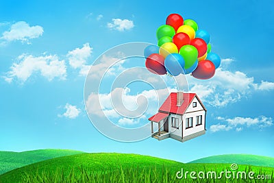 3d rendering a write red-roofed house flies hanging on many colored balloons over a green field. Stock Photo