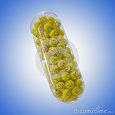 3d Rendering of yellow balls with smile in capsule - Happy Pills Concept - 3D Illustration Stock Photo