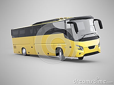 3d rendering yellow long travel bus turns on gray background with shadow Stock Photo
