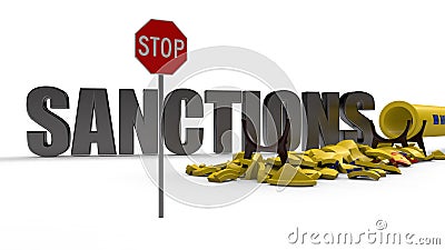 3D rendering of yellow pipeline fragments, red stop sign and iron sanction text. The idea of economic and political confrontation Stock Photo