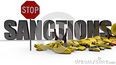 3D rendering of yellow pipeline fragments, red stop sign and iron sanction text. The idea of economic and political confrontation Stock Photo