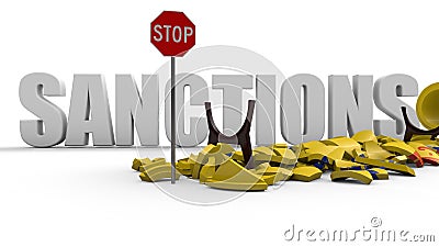 3D rendering of yellow pipeline fragments, red stop sign and white sanction text. The idea of economic and political confrontation Stock Photo