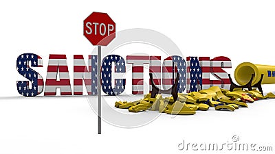 3D rendering of yellow pipeline fragments, stop sign and text with the color of the us flag. The idea of economic and political Stock Photo