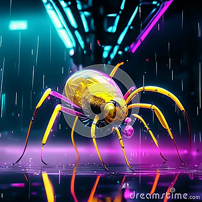 3d rendering of a yellow spider in the rain on a dark background AI Generated Stock Photo