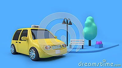 3d render yellow taxi eco car and a chair tree lamp on footpath of street,city transportation concept cartoon style Stock Photo