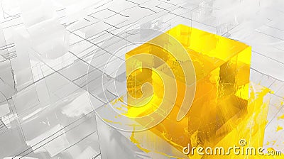 3D rendering of a yellow translucent cube sitting on a reflective surface AIG535 Stock Photo