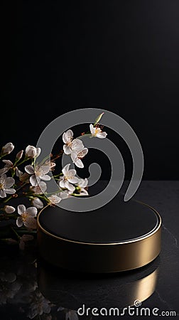 Golden and Black Product Pedestal Display Stage Mock up 3D. Spring Cherry Apple Flower Blossom. Stock Photo