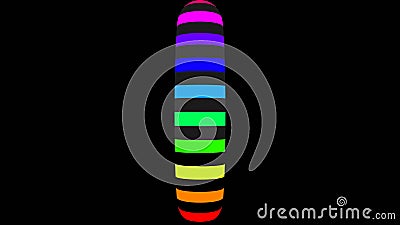 3D renderings. Oval with colored horizontal lines. Colorful pill on black background. Oval geometric body formed by various lines Stock Photo