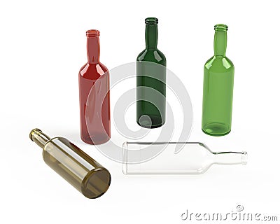 3D renderings of various colored empty glass bottles Stock Photo