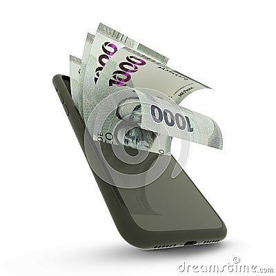 Mexican Peso inside a mobile phone Stock Photo