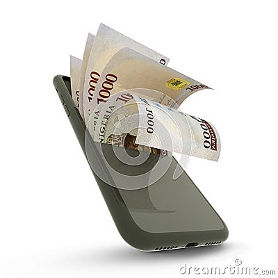 3D rending of Nigerian naira notes inside a mobile phone Stock Photo