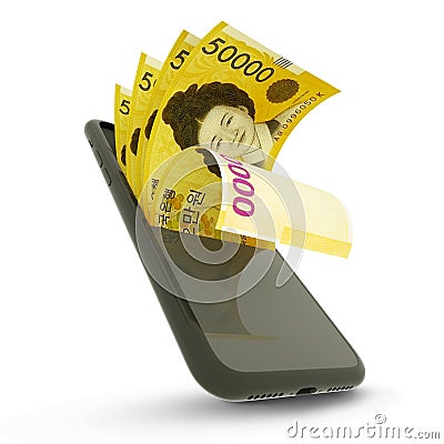 3D rending of South Korean won notes inside a mobile phone Stock Photo