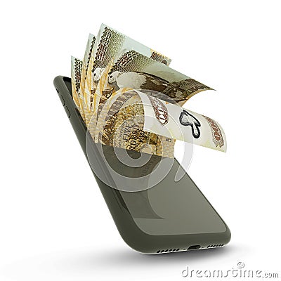 3D rending of Zambian Kwacha notes inside a mobile phone Stock Photo