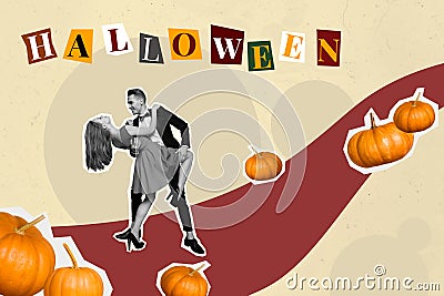 3d retro abstract creative artwork template collage of attractive female male dancing tango couple dating halloween Stock Photo