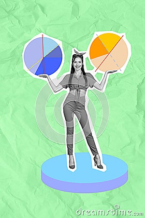 3d retro abstract creative artwork template collage of beautiful attractive young female hands hold diagram data Stock Photo