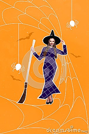 3d retro abstract creative artwork template collage of charming spooky lady wear witch dress holding broom isolated Stock Photo