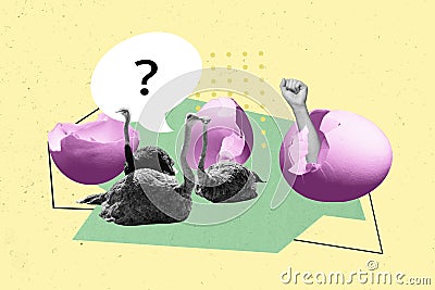3d retro abstract creative artwork template collage of ostrich man fist hatch eggshell surrealism freak bizarre unusual Stock Photo