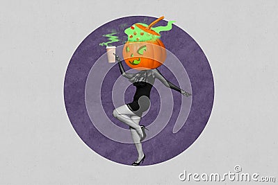 3d retro abstract creative artwork template collage of pumpkin head girl coffee cup dance witch costume happy halloween Stock Photo
