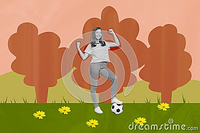 3d retro abstract creative artwork template collage of young funny teenager have fun play football winner bizarre Stock Photo
