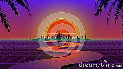 3d Retro wave city background. Neon night landscape with a futuristic city in the style and aesthetics of the 80s and Cartoon Illustration