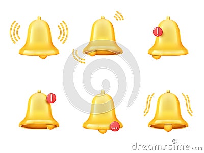 3d ring bell, alert icon set. Technology chat logo, digital mobile phone or internet isolated element, modern web app Vector Illustration