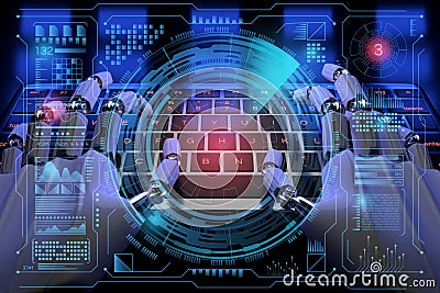 3d Robot ai cyborg typing on keyboard. Sci fi Hologram control panel dashboard in HUD style. Futuristic background. 3d realistic Cartoon Illustration