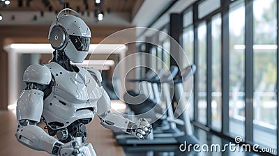 A 3D robot as a fitness trainer leading workout sessions with dynamic movements monitoring clients progress with smart sensors Stock Photo