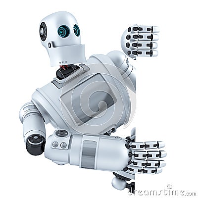 3d Robot with blank banner. . Contains clipping path Stock Photo