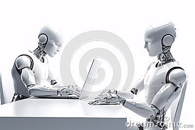 3D Robot Chatbots Working and Chatting Laptops on White Background Stock Photo