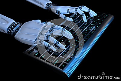 3d Robot hands typing on keyboard, keypad. Robotic hand cyborg using computer. 3d render realistic illustration. Cartoon Illustration