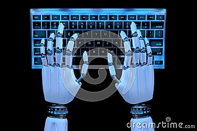 3d Robot hands typing on keyboard, keypad. Robotic hand cyborg using computer. 3d render realistic illustration Cartoon Illustration