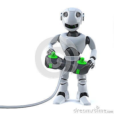 3d Robot is playing his videogame console with a joystick controller Stock Photo