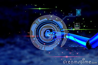 3D robotic arm with element futuristic digital icon on abstract background. artificial intelligence helping human working with Stock Photo