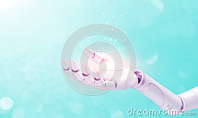 3D robotic hand getting glowing beautiful blue light on hand on defocus abstract blue background, ai artifical intelligence tring Stock Photo