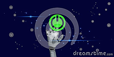 3D robotic render hand touching power button to start android working , technology concept Stock Photo