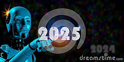 3d robotic render touching 2025 on circuit diagram start artificial intelligence technology developing on new year Stock Photo