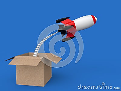 3d rocket launching out of box Stock Photo