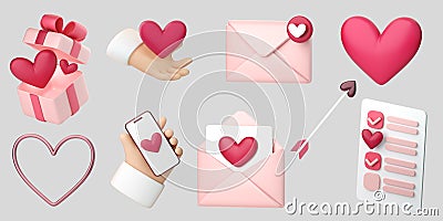 3d romantic collection icons set. Hearts, love letters and gifts. Stock Photo