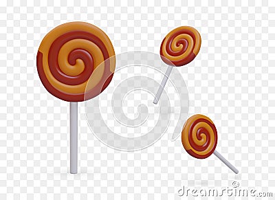 3D round spiral lollipop on stick. Multicolored swirled caramel in different positions Vector Illustration