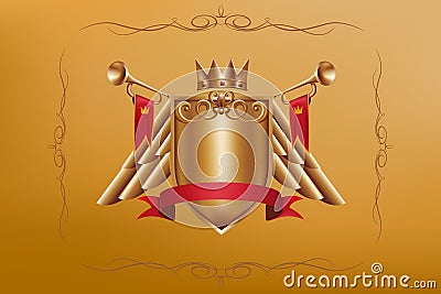 3D royal shield for game. Gold crown as level up rank. Trophy wings and raw on medal. Heraldic emblem with ribbons and Vector Illustration