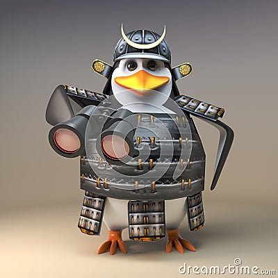 3d samurai penguin warrior in traditional armour using a pair of binoculars, 3d illustration Cartoon Illustration