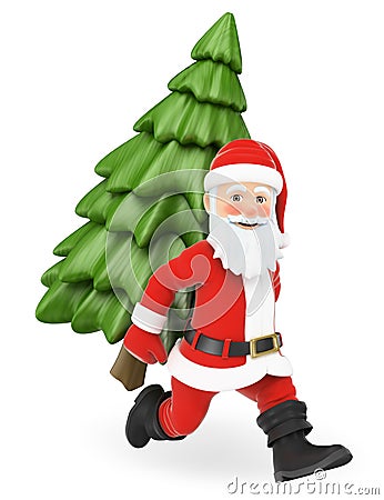 3D Santa Claus running with a fir tree on back Cartoon Illustration