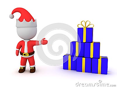 3D Santa claus showing a stack of blue presents Stock Photo