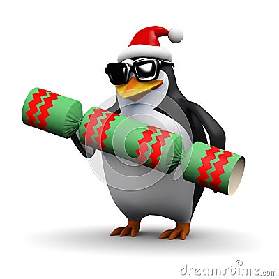 3d Santa penguin with Christmas cracker Stock Photo