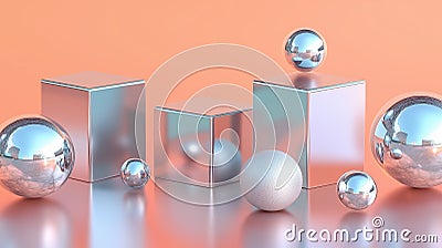 3D Scene with Cubes and Spheres Featuring Metallic, Glass, and Matte Textures on Single-Color Background, generative ai Stock Photo