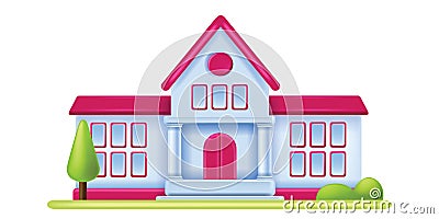 3D school building, vector cartoon public library academy exterior, kindergarten facade windows. Vector Illustration