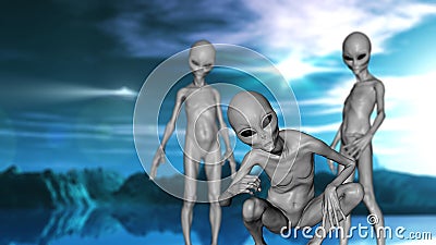 3D science fiction landscape with grey aliens Stock Photo