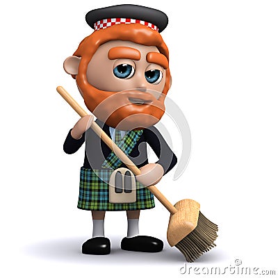 3d Scotsman sweeping with a broom Stock Photo