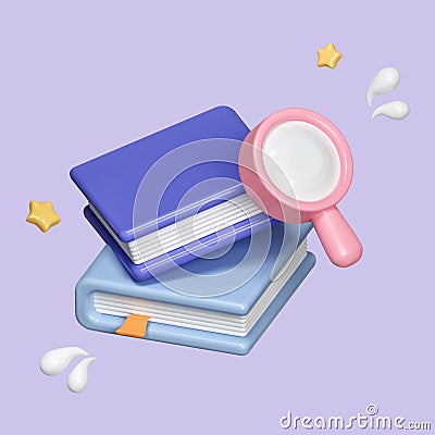 3d search knowledge icon. Magnifying glass with stack of book, isolated on background. icon symbol clipping path. 3d Cartoon Illustration