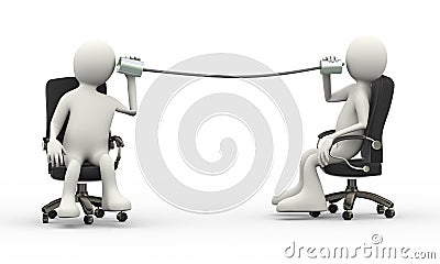 3d seated people talking with metallic tin can phone Cartoon Illustration